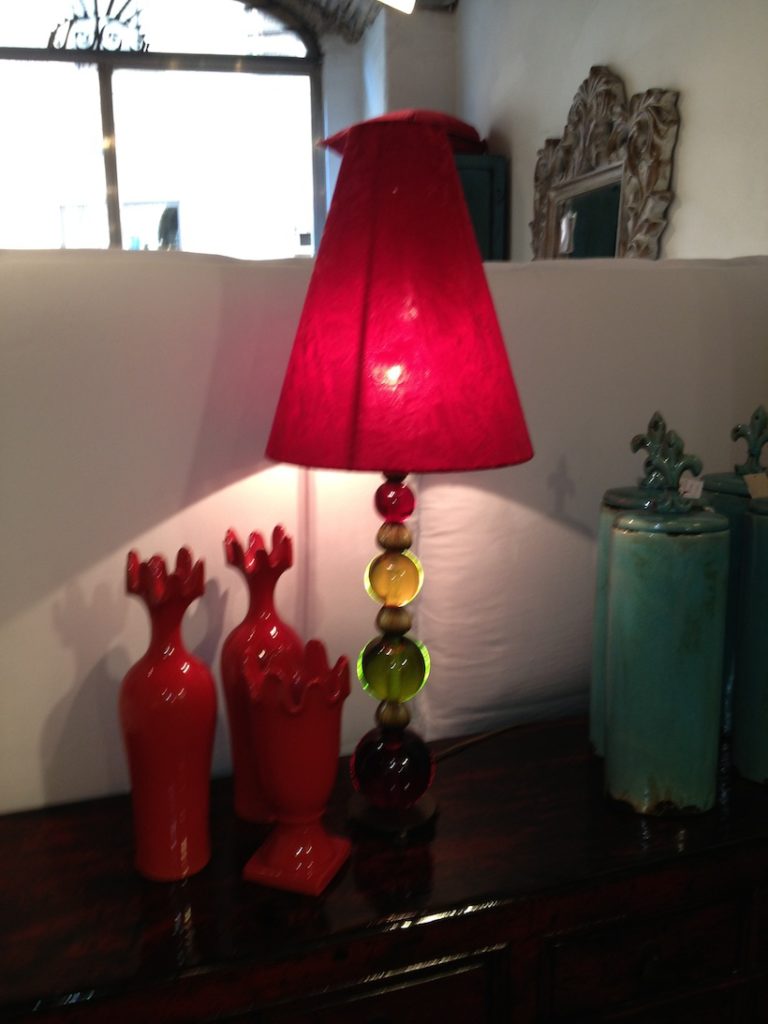 Blown Glass Table Lamp with Red Silk Shade