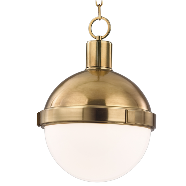 612-AGB_Hudson Valley Lambert Single Light Pendant in an Aged Brass Finish with Opal Glass