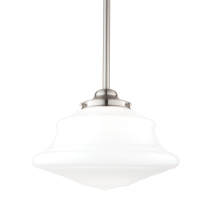 3412-SN_Hudson Valley Petersburg Single Light Pendant in an Opal Glass Shade with Satin Nickel Accents
